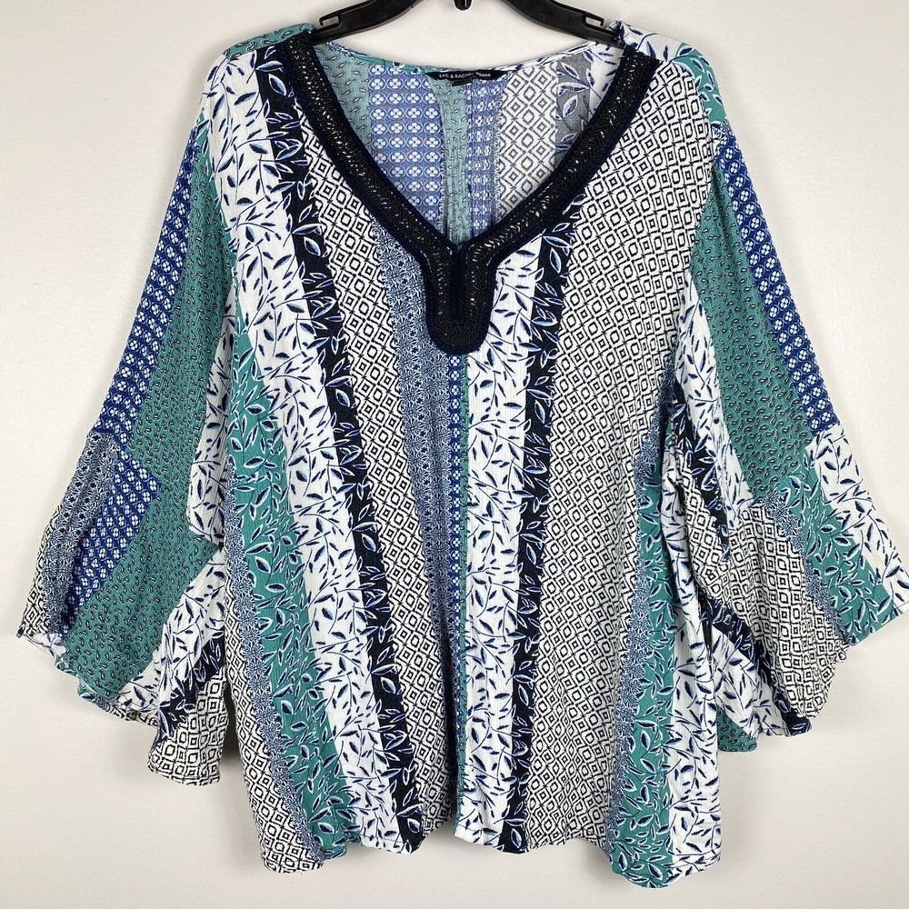 Zac & Rachel Top Floral Plus Size 3X Blue Peasant Long Sleeve Boho Chic